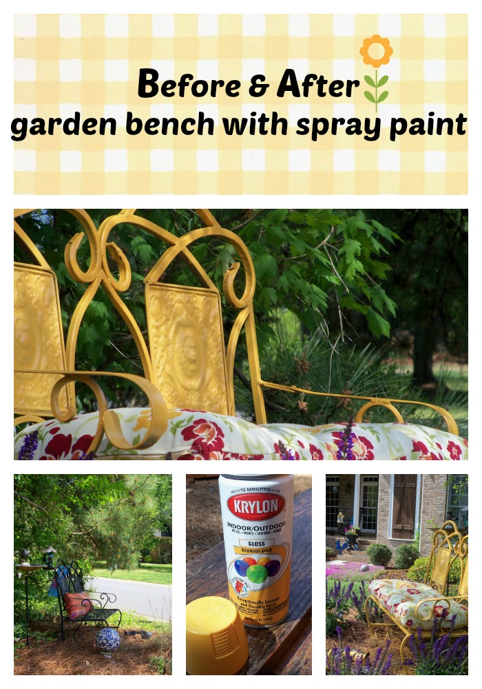 Before and after garden bench spray painted