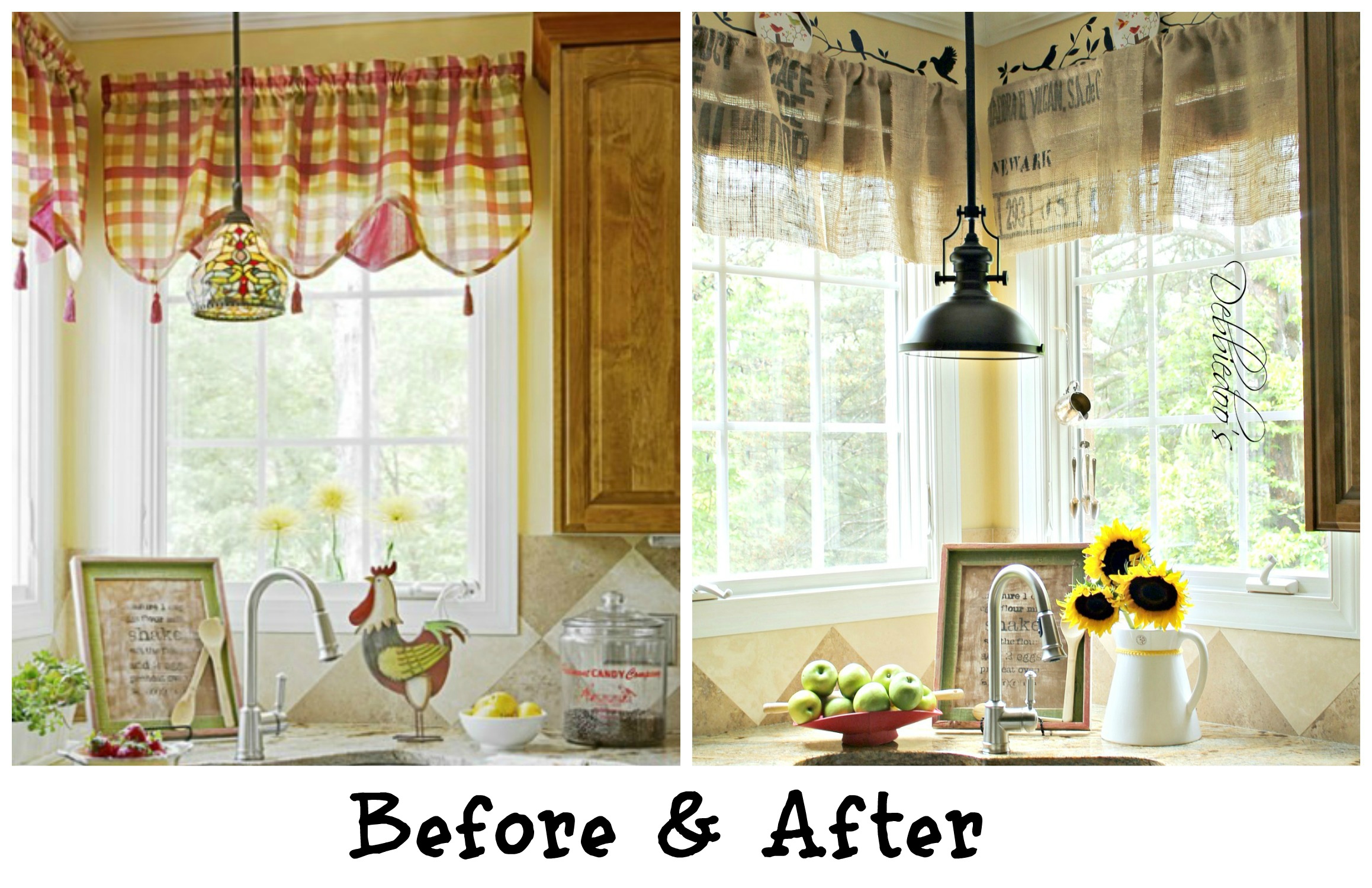 before and after of kitchen valances