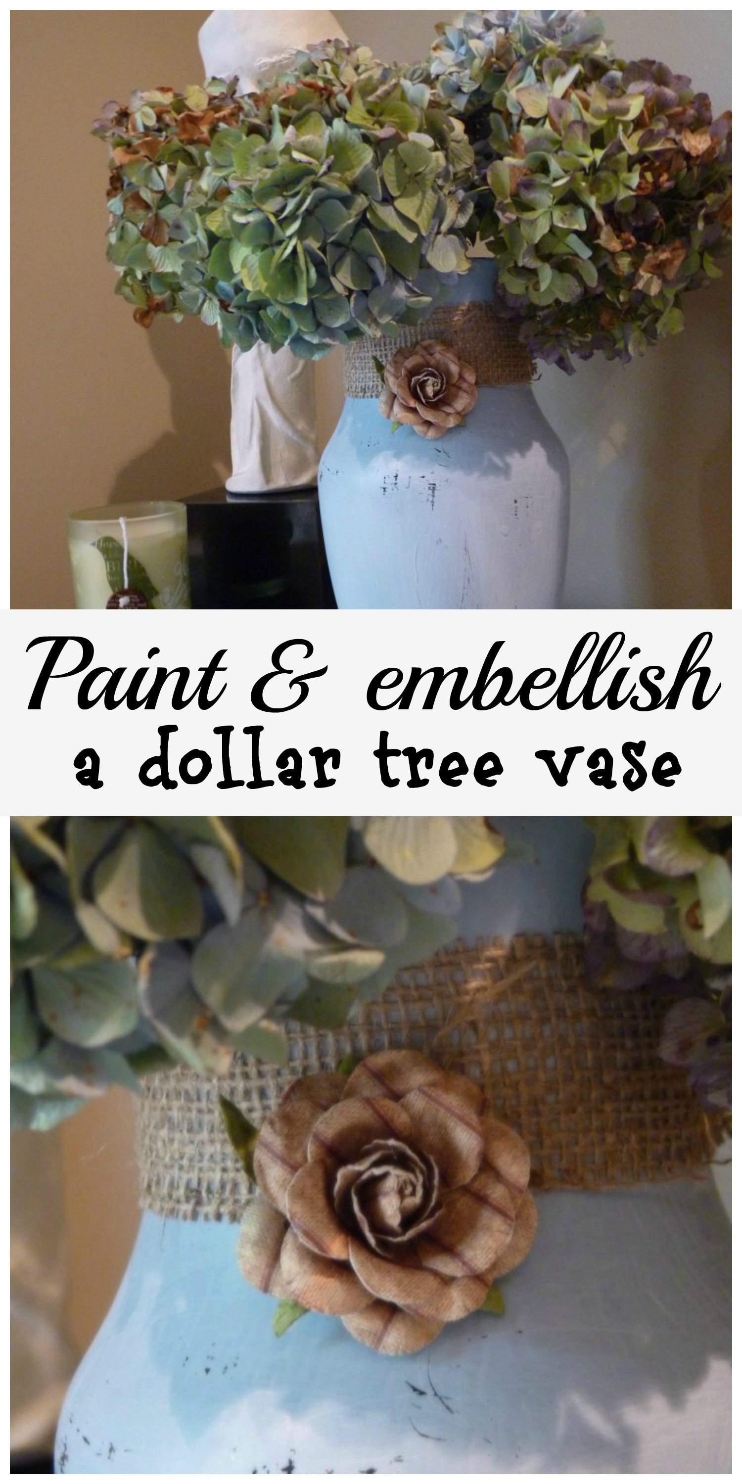Painted vase from dollar tree, embellished with burlap