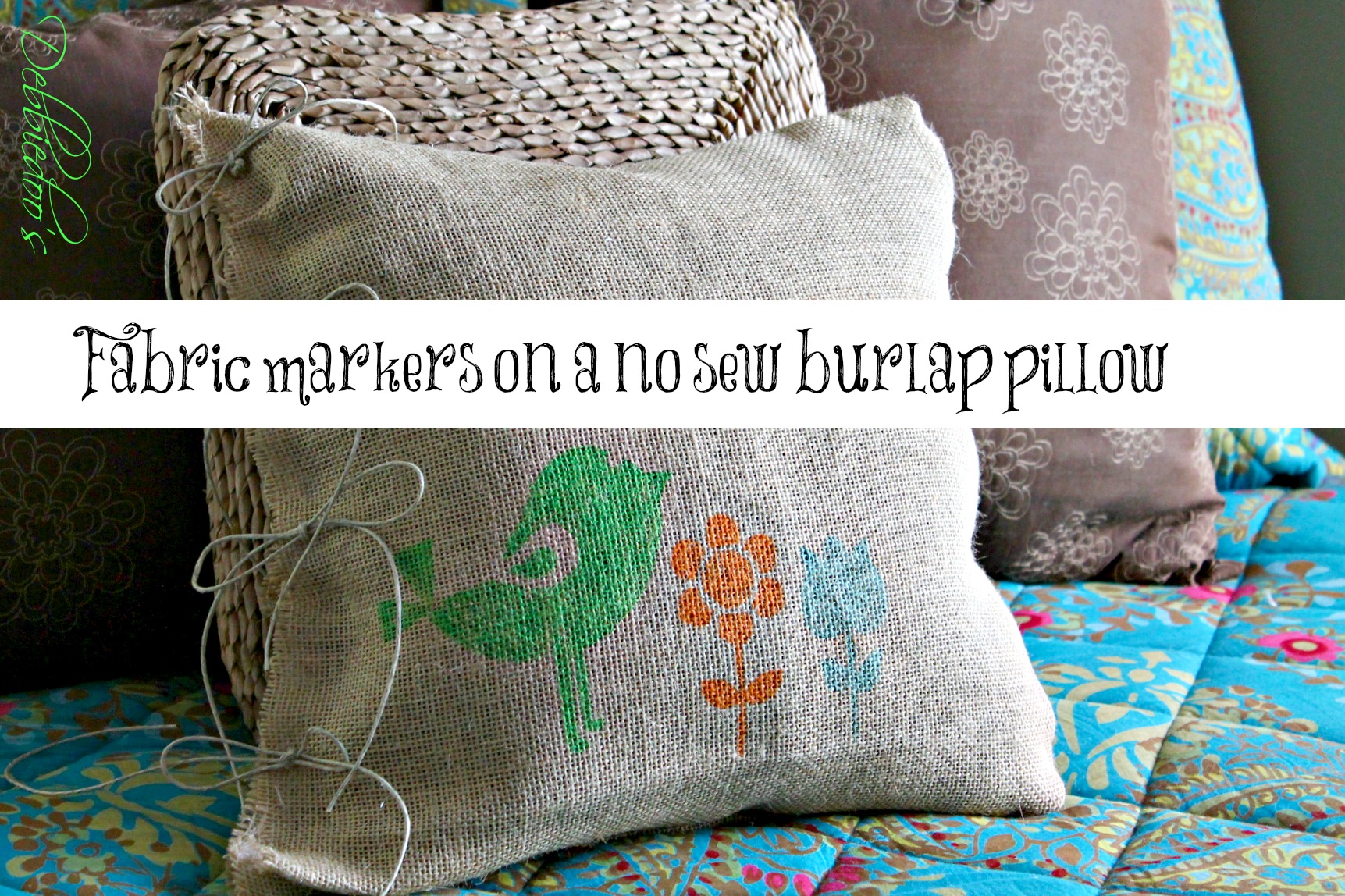 fabric markers on a diy no sew burlap pillow