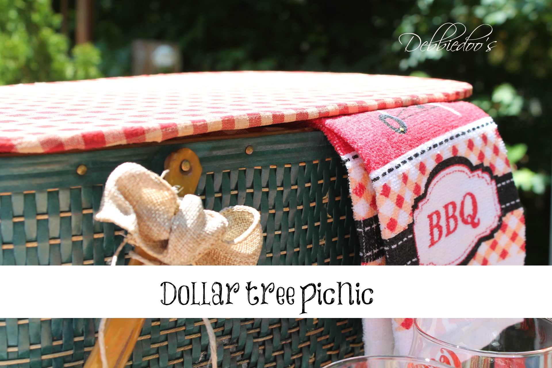 picnic on the patio with a repurposed vintage picnic basket and dollar tree