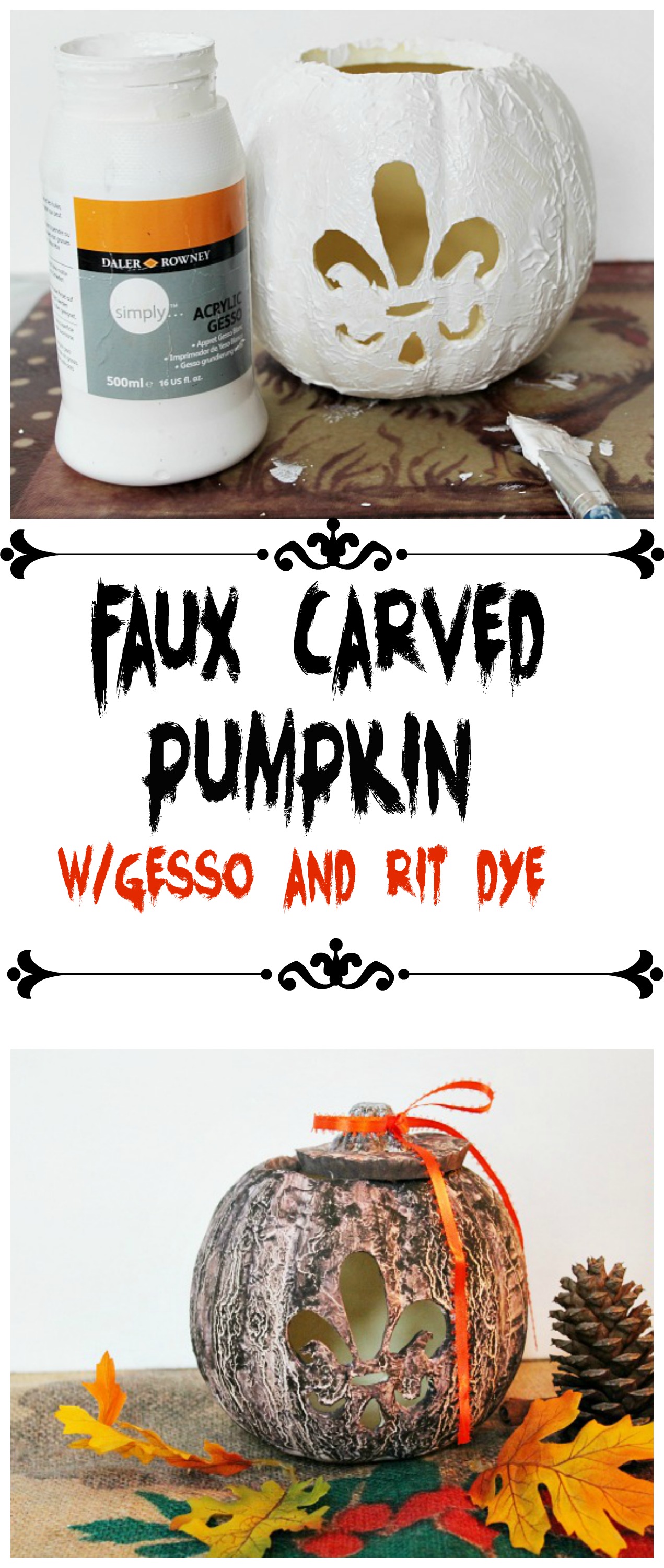 Faux carved pumpkin with gesso and rit dye