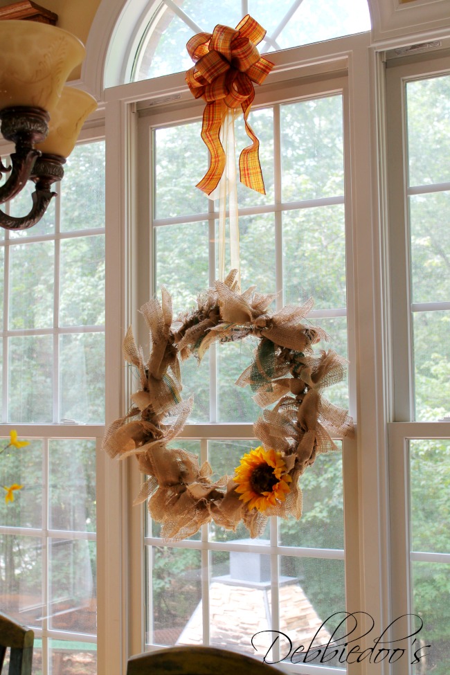 burlap rag wreath in window