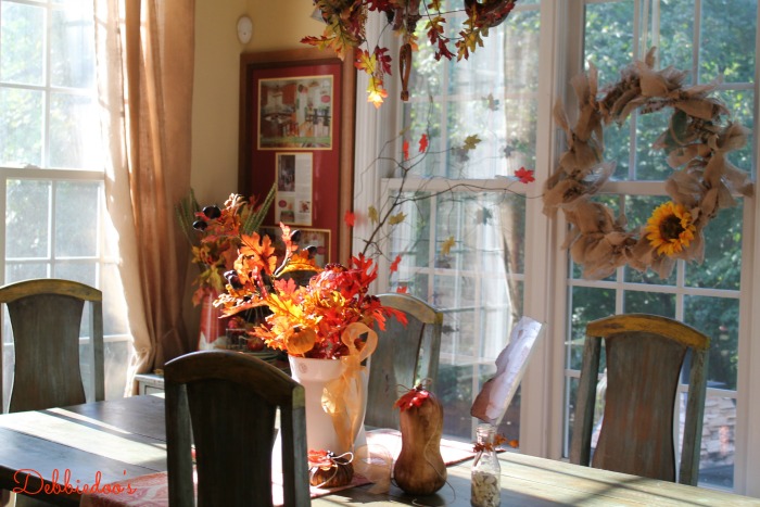 Fall Kitchen decor, pumpkins, burlap wreath and gourds