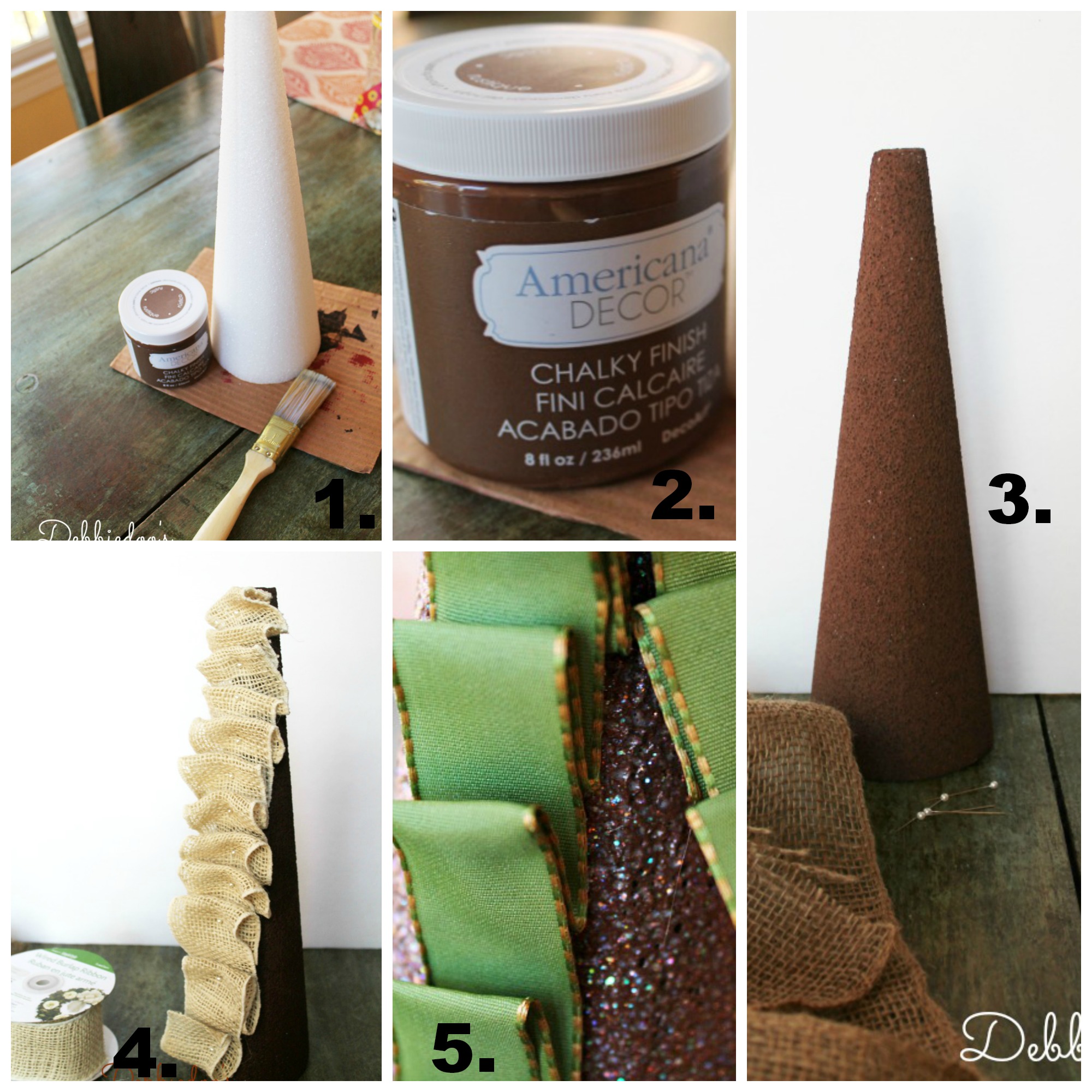 step by step tutorial on Styrofoam Christmas trees with burlap, bells and ribbon
