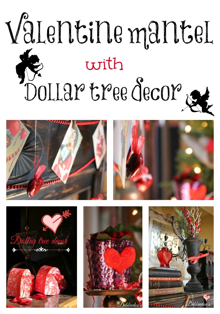 Valentine mantel with dollar tree decor