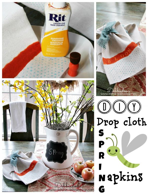 diy drop cloth Spring napkins with Rit dye and polka dot stencil