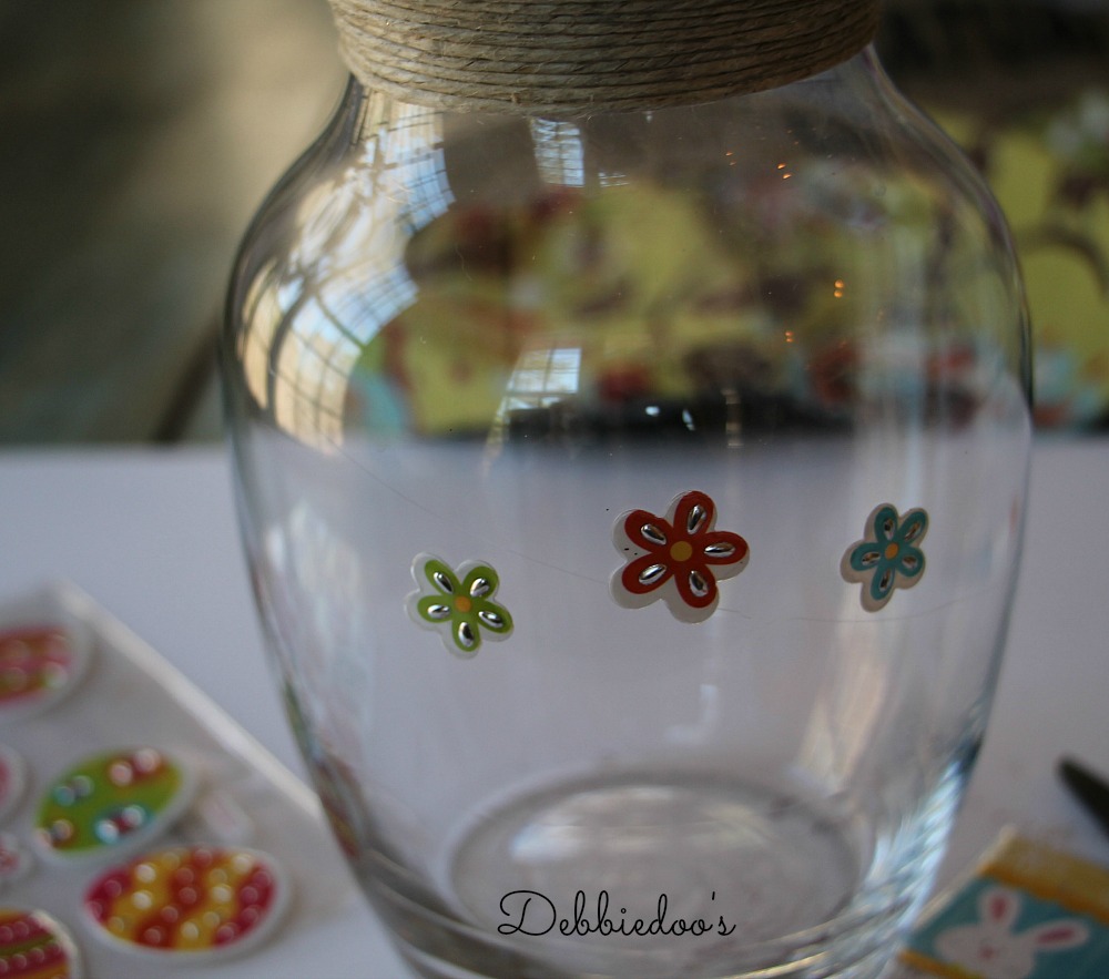 Dollar tree embellished vase with twine and stickers