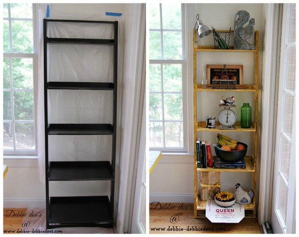 Before and after of kitchen ladder shelf with Kilz hide-all