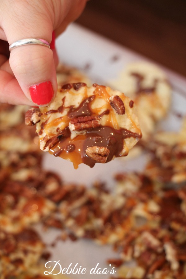 Lays potato chips smothered with chocolate, caramel, and pecans