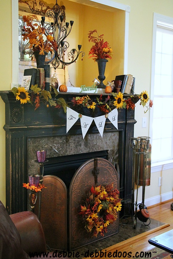Fall sunflower mantel in family room
