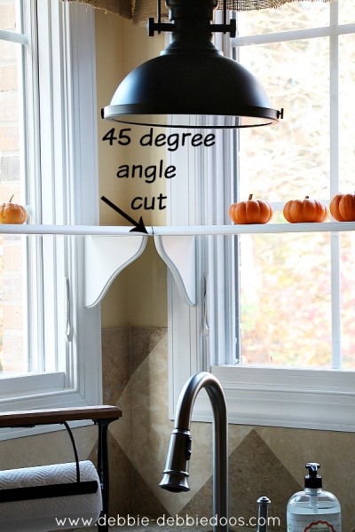 Adding kitchen window shelving with 45 degree angle cuts for corner kitchen window shelves