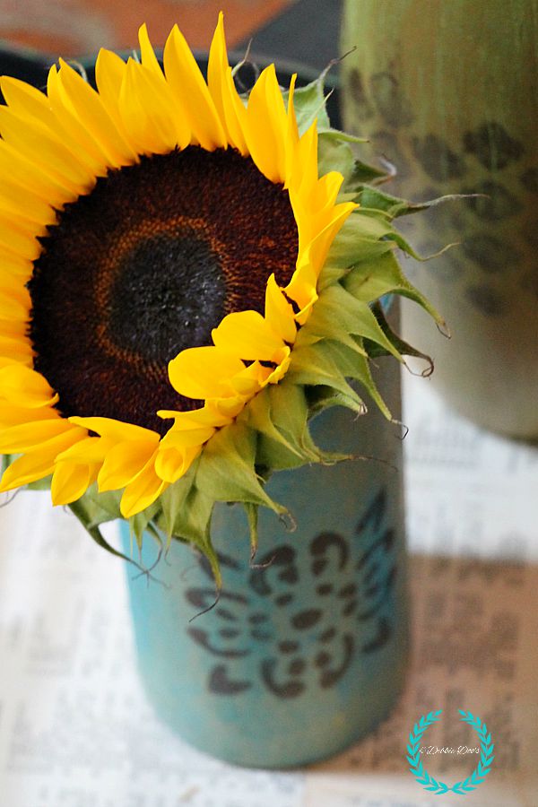 Happy Sunflower in decorative diy vase painted with chalky paint and stencils
