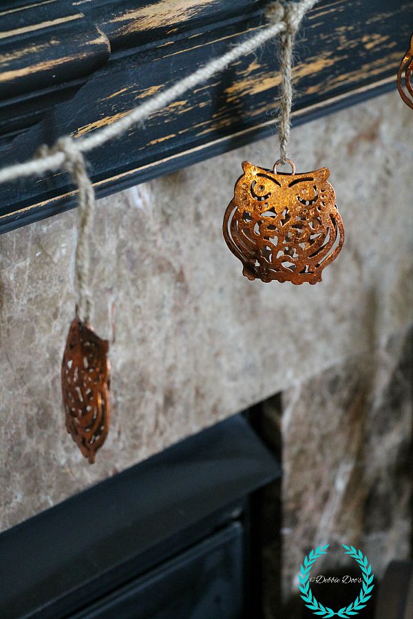copper owls on twine banner for fall