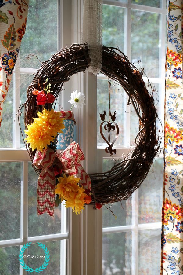 wreath for kitchen window with chevron burlap