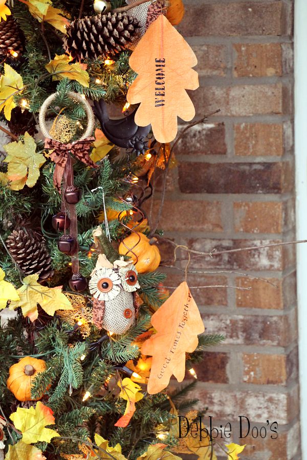 welcome fall tree on the porch with owls and rustic decor