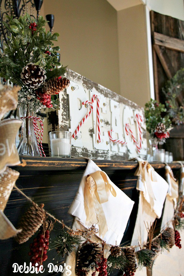 Christmas mantel and rustic pinecobe garland