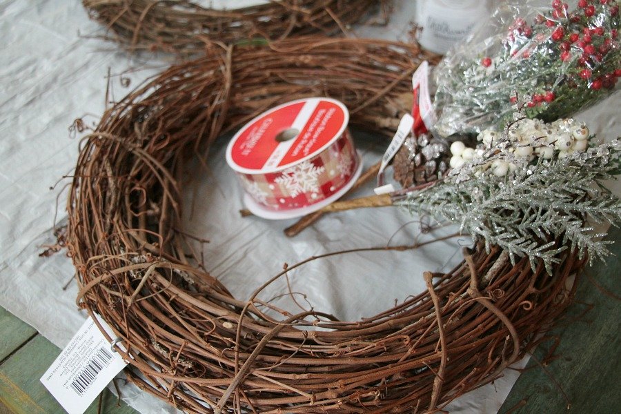 Supplies to make a winter owl wreath