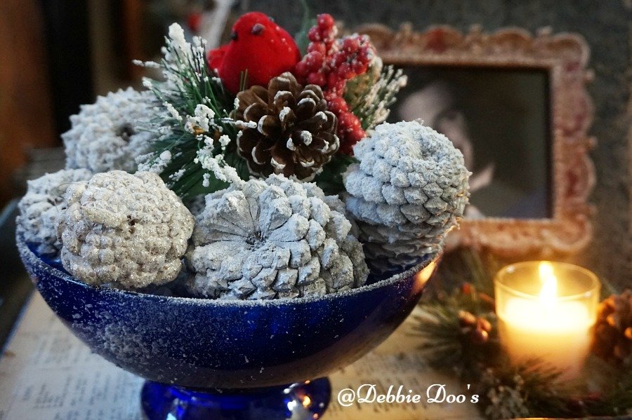 Winter pinecone bowl display