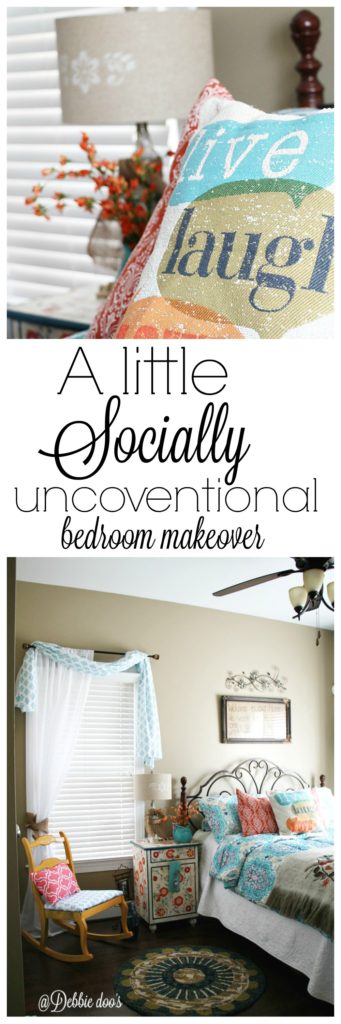 A little socially unconventional bedroom makever for under $50.00 including curtains, pillows and recovering a chair.
