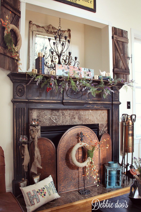 Rustic mantel decorated for Spring