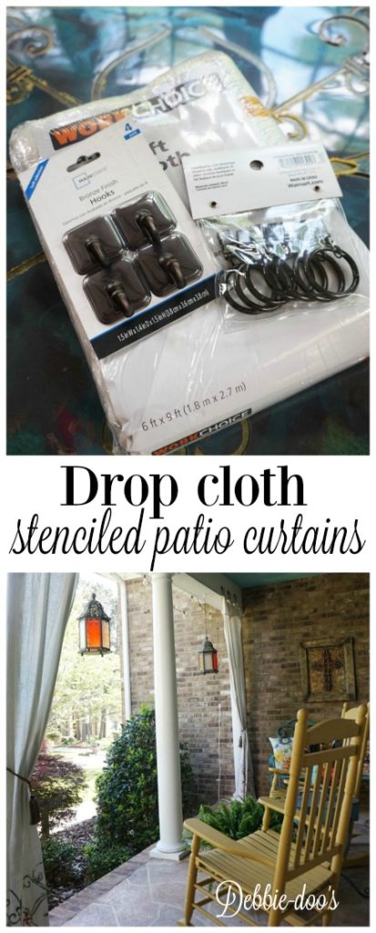 No sew stenciled drop cloth patio curtains