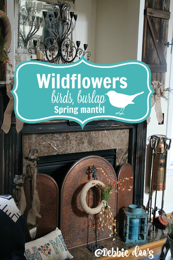 Spring-mantel-with-wildflowers-birds-and-burlap