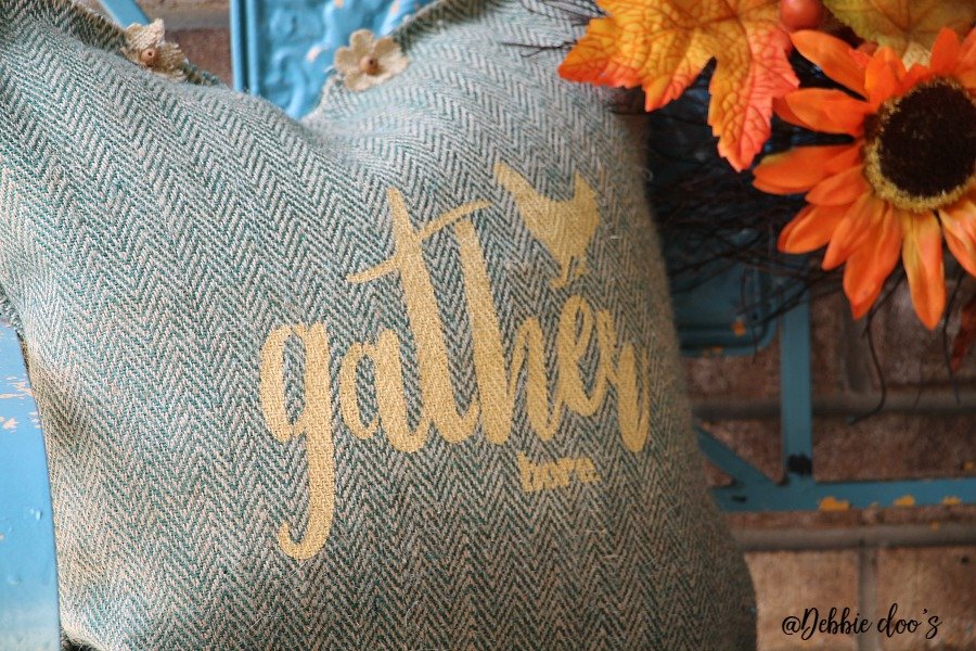 Gather here fall burlap pillow idea with Debbiedoo's custom stencil