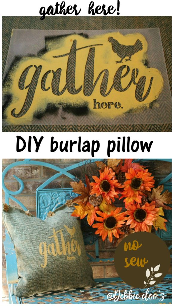 No sew burlap stenciled pillow by Debbiedoo's