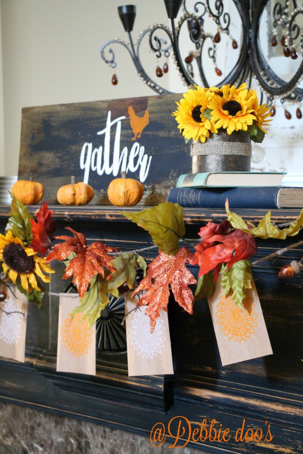 Gather here rustic fall decor in the family room with Debbiedoo's stencil line