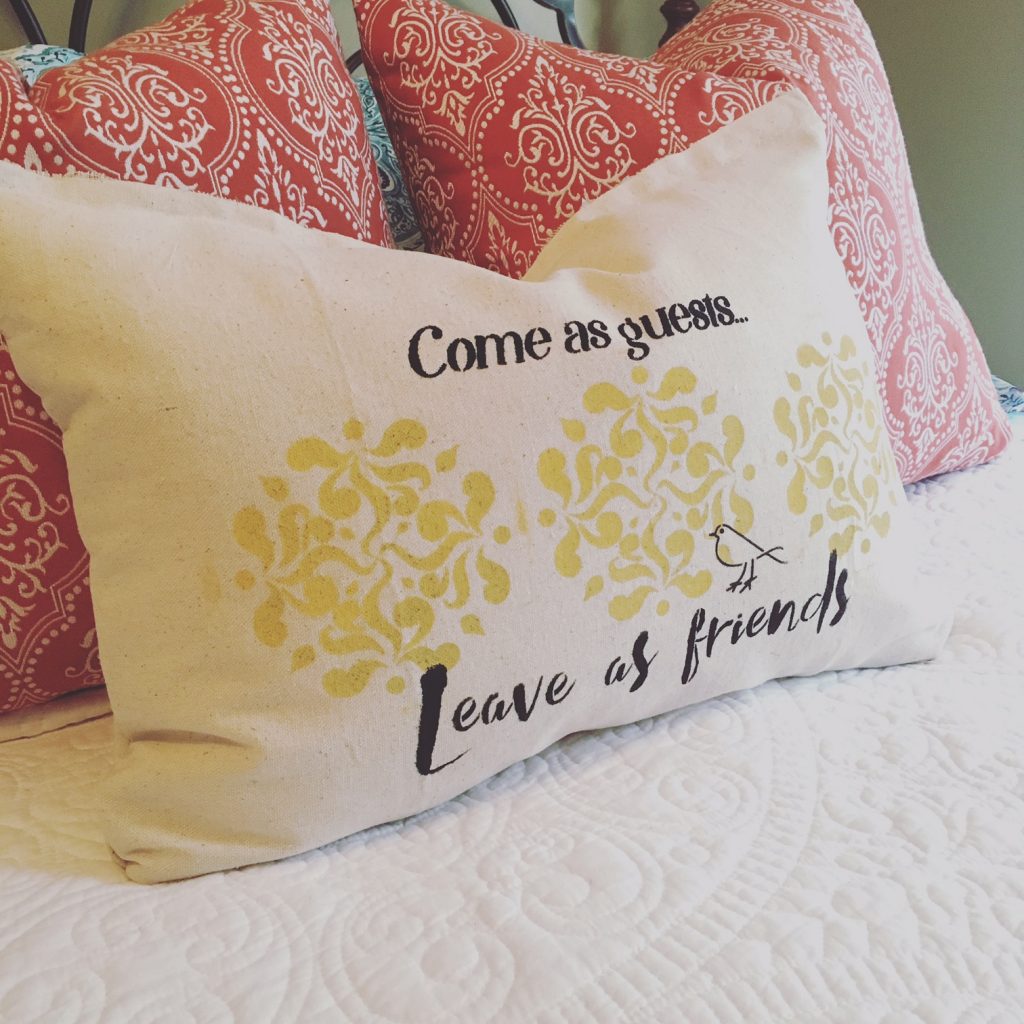 drop-cloth-pillow with come as guests leave as friends stencil by Debbiedoo's