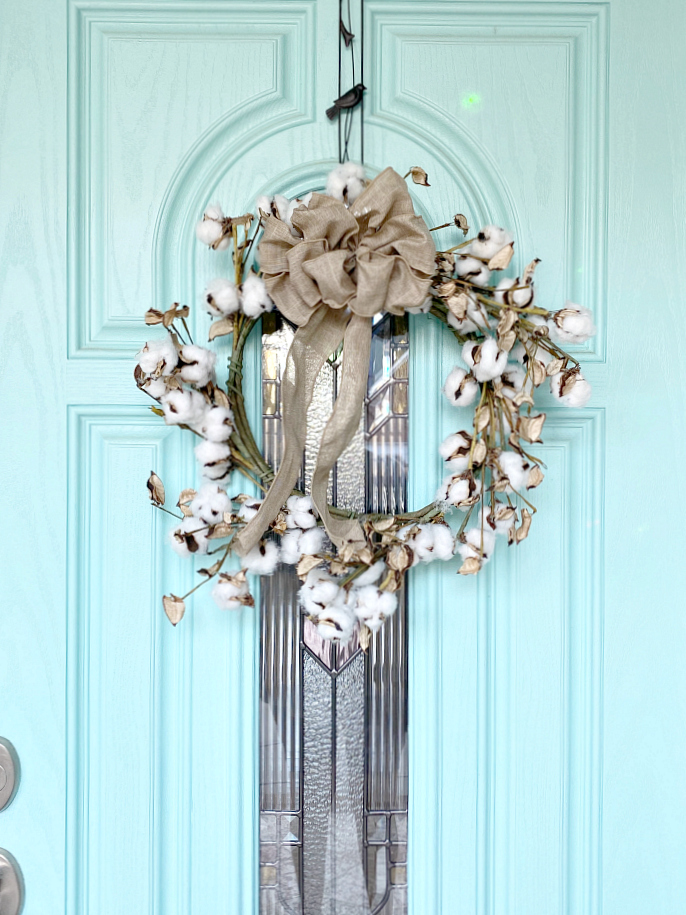 Southern Cotton wreath on front door
