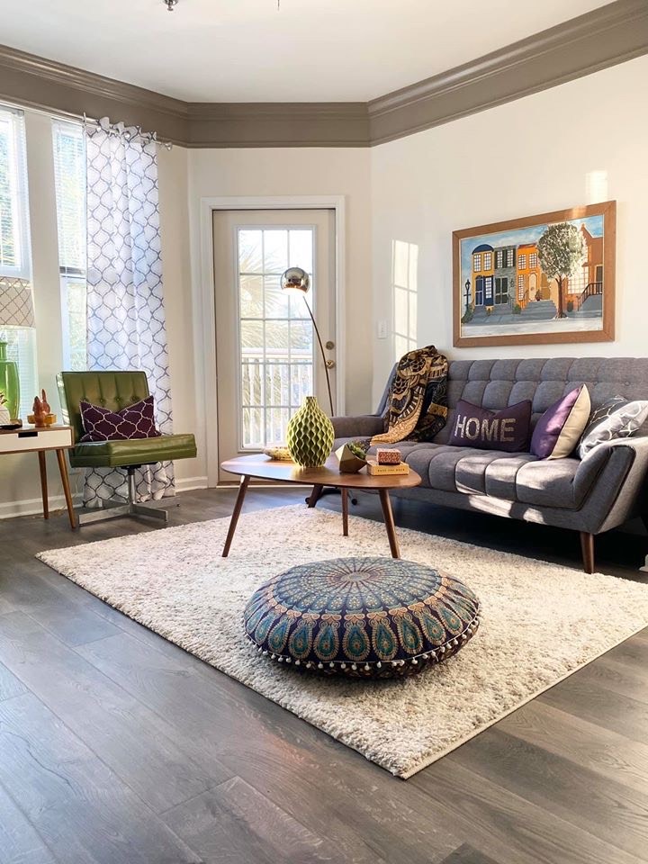 Mid Century modern with a mix of boho style living room
