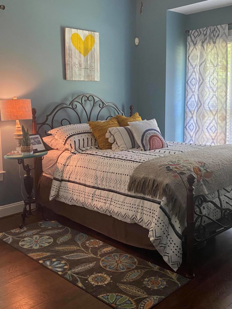 Boho Guest Bedroom with Sherwin Williams Whirlpool color.